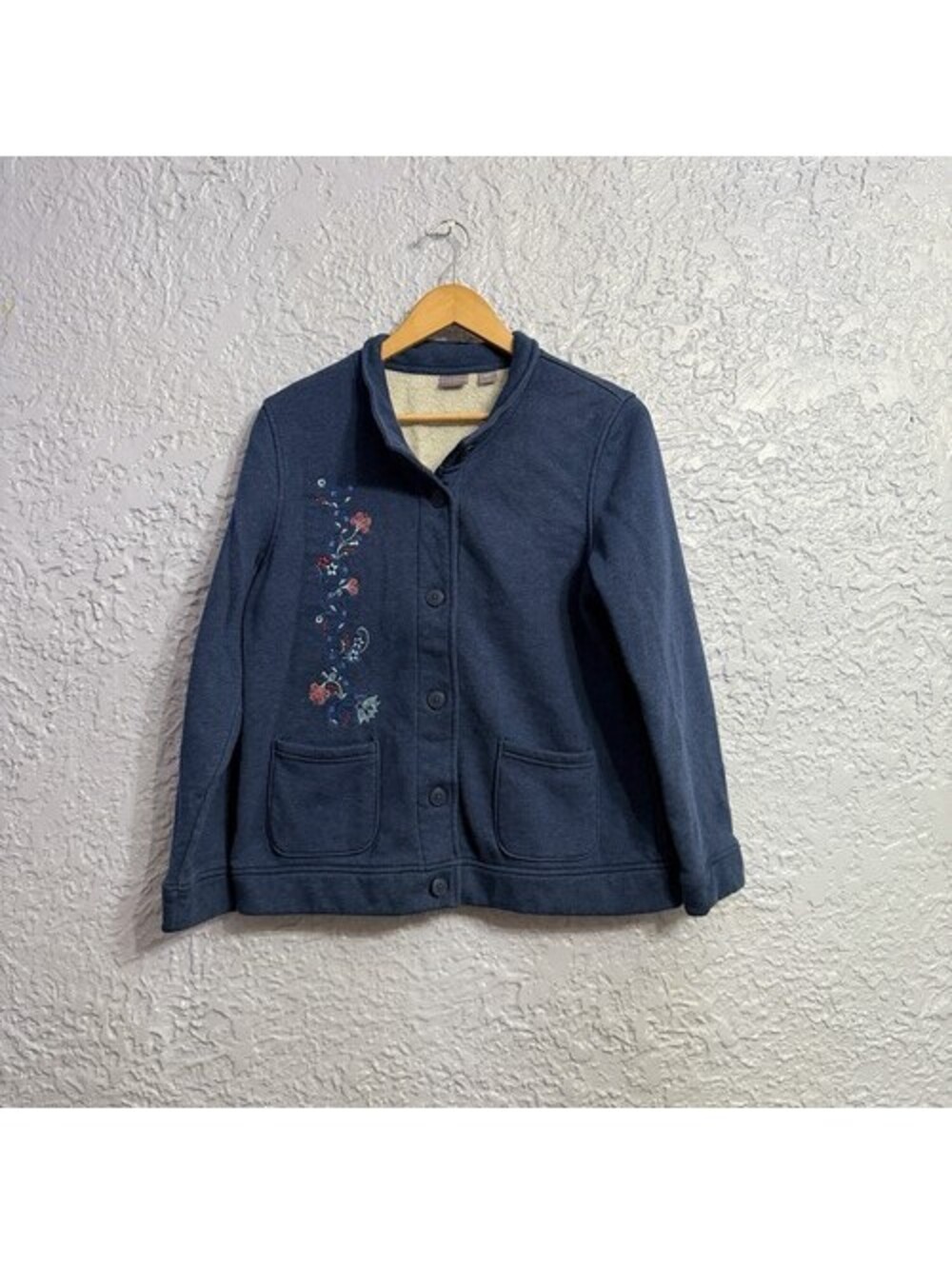 Laura Scott Women’s L Blue Fleece Cotton Cardigan Sweatshirt Button Pockets